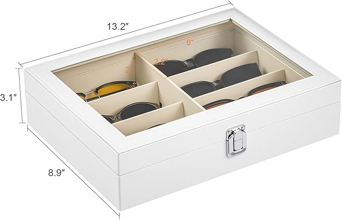 CO-Z Sunglasses Organizer with 8 Slots, Leather Eyeglasses Storage Box for Multiple Glasses, Lockable Display Case for Women Men, Glasses Holder for Watches Jewelry Collection, White