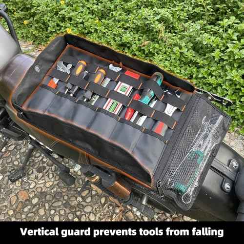 Tool Roll Organizer with Stand-up Baffle,1680D PVC Motorcycle Tool Roll Bag, Heavy duty Wrench Roll with Mesh Zipper Pocket,Roll Up Tool Bag for Motorcycle, Car, Pickup, ATV/UTV, Bicycle or Hobbyist