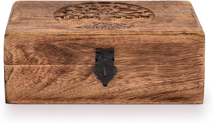 Samhita Handmade Mango Wood Tree of Life Engraving Beautifully Keepsake Box Jewellery Organiser Unique Gift Ideas for Men & Women (Flame Work Finish)