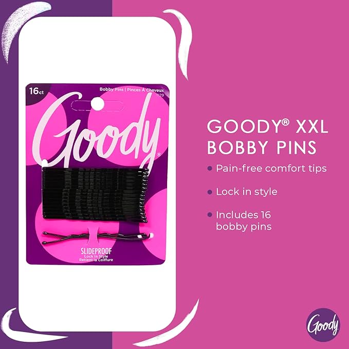 Goody SlideProof XXL Bobby Pins, 16 Ct, Black, Comfortable Bobby Hair Pins for Styling, Lock In Place, Pain-Free Styling Accessories for Women & Men, All Hair Types