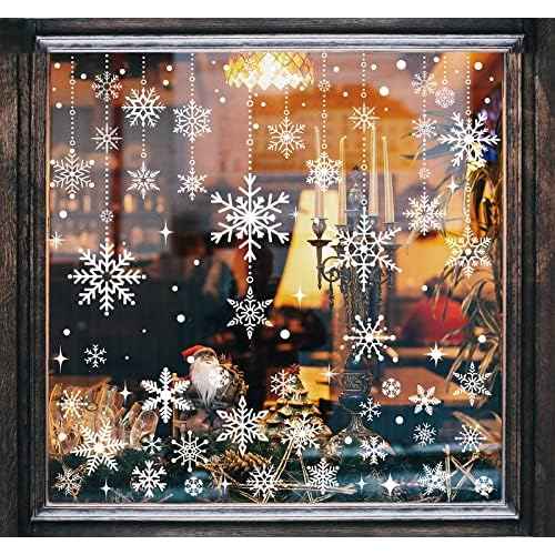 AnyDesign White Snowflake Windows Clings Christmas Window Decals 215 Pcs Winter Double-Sided Window Stickers for Xmas Winter New Year Home School Office Decoration Party Supplies, 9 Sheets