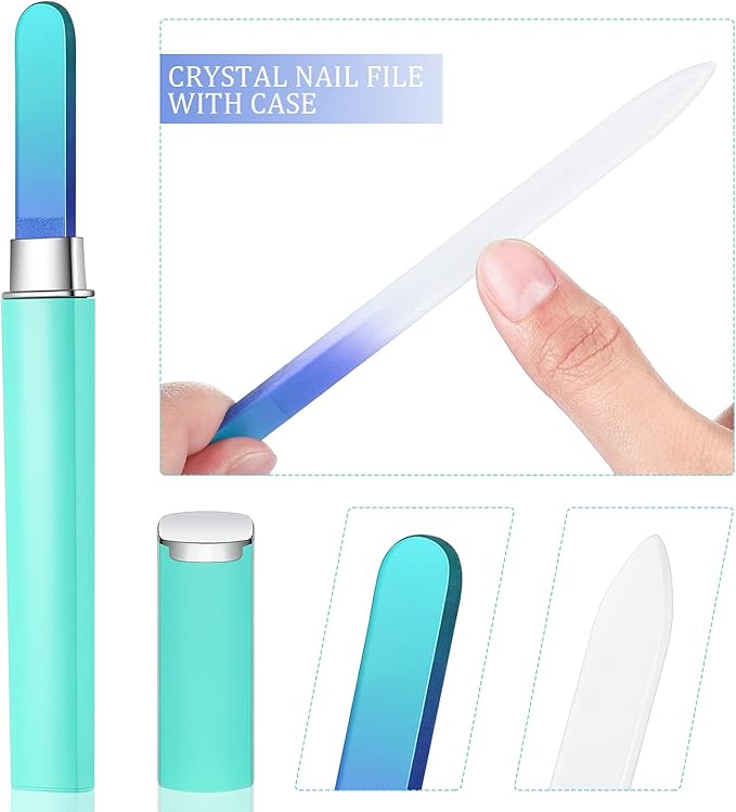 Mudder 6 Pack Crystal Glass Fingernail File with Case for Natural Nail and Cuticle Pusher Dual Ended Manicure Stick Set Nail Care Large Small Portable Tool Gift for Women Pastel Green Violet(Green)