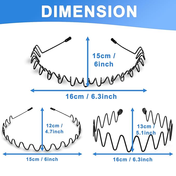 Metal Headbands for Men, Fashion Unisex Wavy Hair Bands, Elastic Zigzag Hairbands Perfect for Outdoor Sports, Daily Styling (3 Pack)