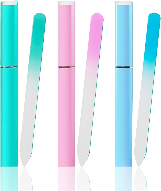 3-Pack Crystal Glass Nail Files with Case – Double-Sided Etched for Gentle Shaping & Stronger Nails, Reusable Travel Manicure Set, Unique Gift for Women Adults