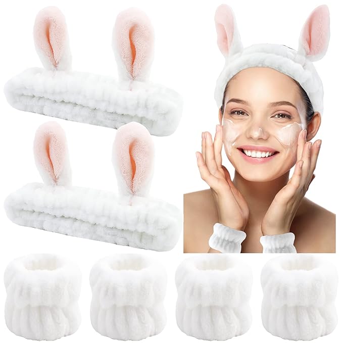 YISSION Cute Bunny Ear Spa Headband and Wristband Set for Women and Girls - Soft Plush Makeup Headband with Wrist Towels for Face Washing, Skincare, Shower, Easter Party Favors (White)