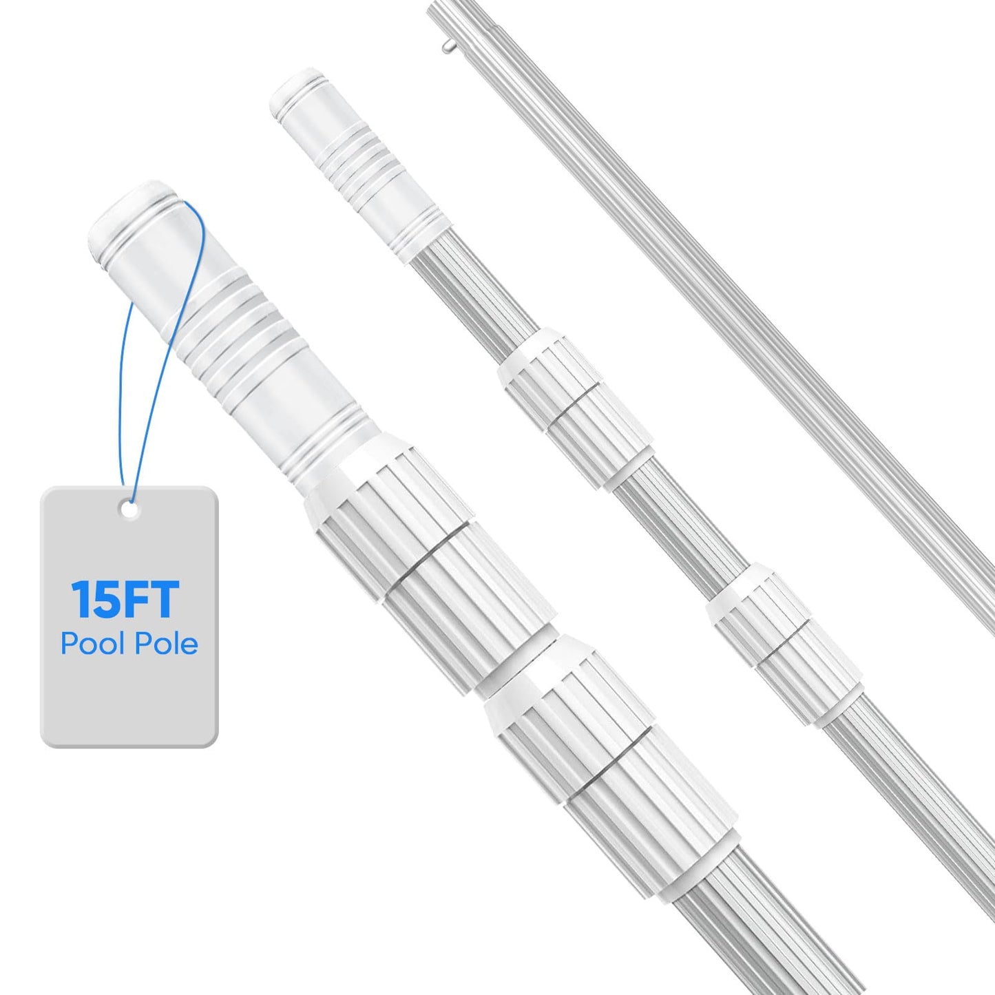 WXFANA 15FT Telescopic Pool Pole, Pool Skimmer Pole Heavy Duty, Adjustable 3 Piece Expandable Step-Up, Universal Pole for Skimmer Nets, Rakes, Brushes, Vacuum Heads Cleaning.
