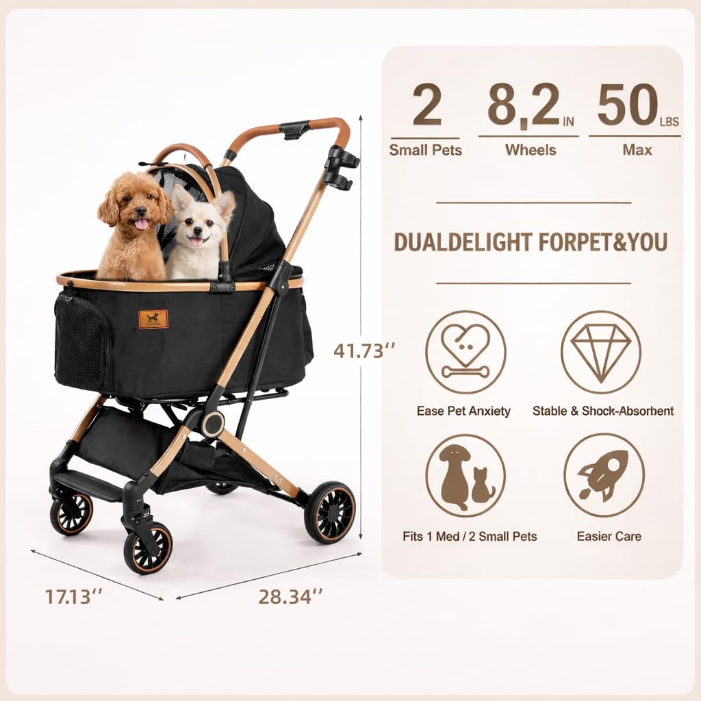 PAWPUBBY 6-in-1 Pet Stroller for Medium Dogs up to 50 lbs, Luxury Black & Gold Dog Stroller with Detachable Carrier, Foldable Travel Cat Stroller, Removable Pet Car Seat, 360° Rotating Wheels