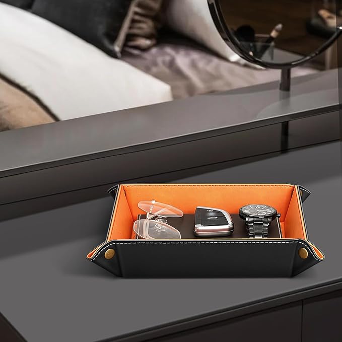 SITHON Valet Tray Desktop Storage Organizer Ã¢ÂÂ Premium PU Leather Catchall Bedside Vanity Tray Nightstand Caddy Holder for Remote Controller, Keys, Phone, Wallet, Coin, Jewelry (Orange)