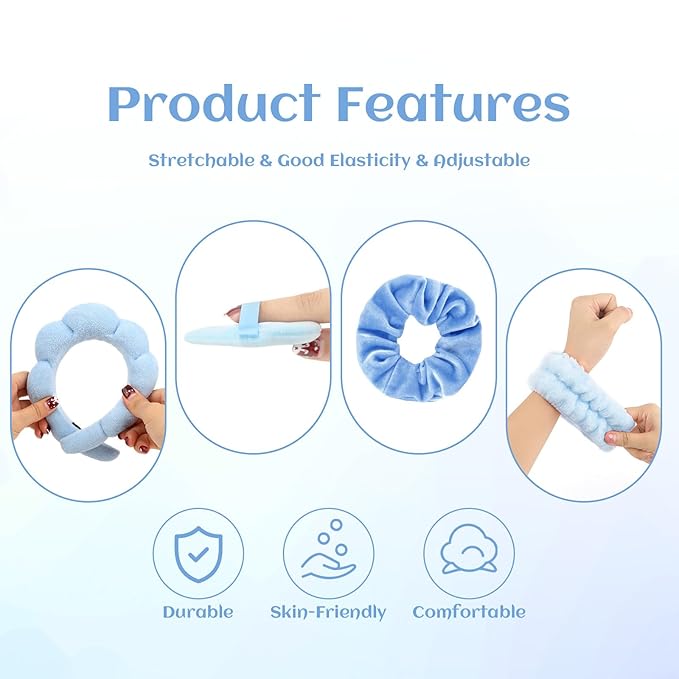 7Pcs Spa Set - Puffy Headband, Wristbands, Powder Puffs, Makeup Removal Terry Cloth Headband - Blue