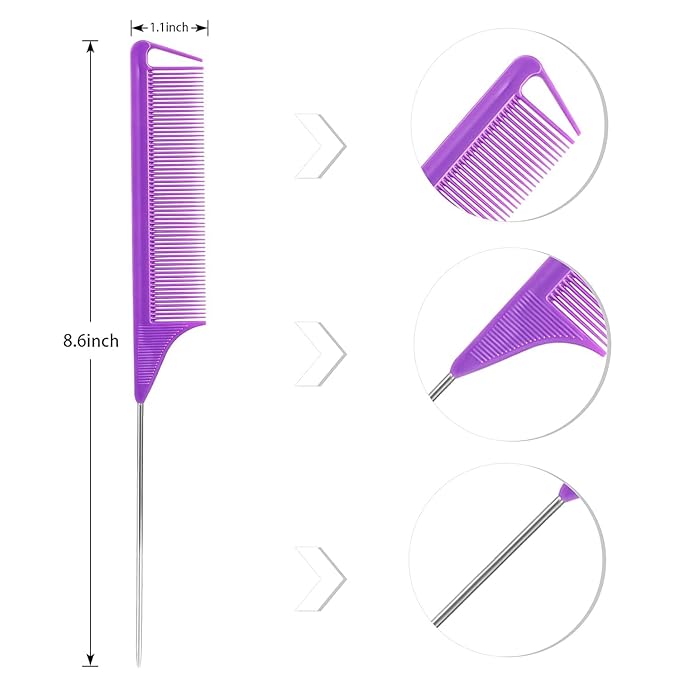 Rat Tail Comb Hair Clips Set: 3Pcs Rat Tail Combs, Hair Styling Combs for Women and 7 Professional Sectioning Hair Clips (Purple)