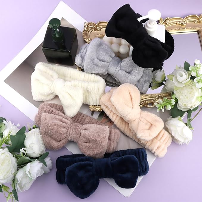 SPA Headbands for Washing Face Makeup Headbands with Bow Laurel Hair Band Women Facial Head Band Wrist Towel Wraps For Shower Face Mask Gray Black White Beige, 6 Pack