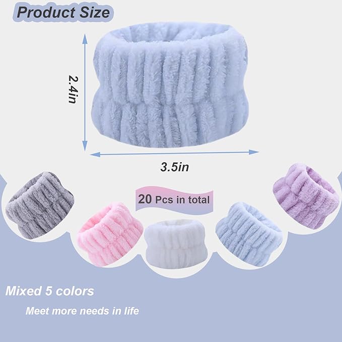20 Pcs Wrist Bands for Washing Face, Absorbent Face Washing Wristbands, Spa Wrist Towels Beauty Towel Bands Arm Bands for Washing Face for Stop Water Running Down Arms
