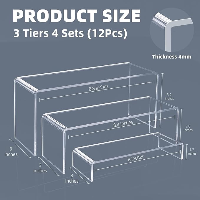 Goabroa 12 Pcs Clear Display Shelf, 3 Tiers 4mm Thick Transparent Display Stand Ideal for Collectibles Stand, Party Cake Dessert Holder, Floating Visual Lego Display Riser