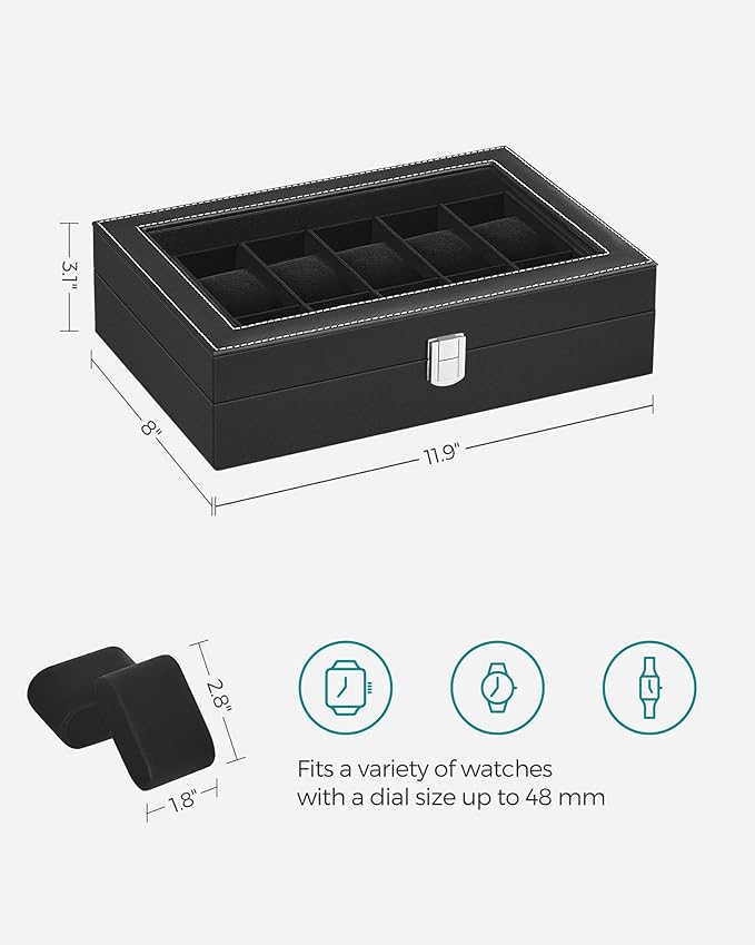 SONGMICS Watch Box, 12-Slot Watch Case Organizer with Large Glass Lid, Removable Pillows, Gift for Loved Ones, Black Synthetic Leather, Black Lining UJWB012B01