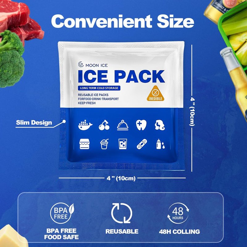 Blue Ice Packs for Coolers, Shipping and Lunch Box | Cold for Up to 48 Hours | Slim Size Long-Lasting Reusable Ice Pack | Gel Freezer Packs for Camping, Beach, Fishing, Shipping Food (4" X 4" 100pcs)