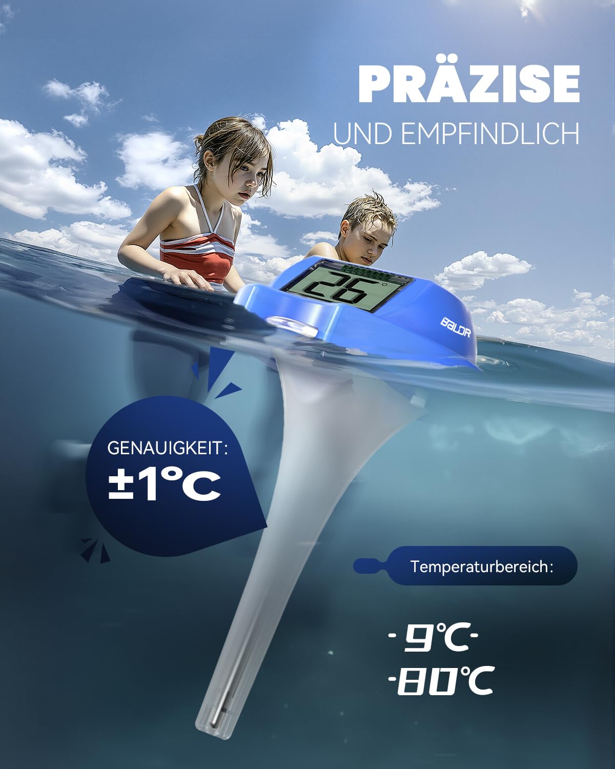 BALDR Pool Thermometer Floating Easy Read, Solar Digital Pool Thermometer with Dual Large Screens, IPX7 Water Temperature Gauge for Inground Above Ground Pools & Spas (Darkblue)