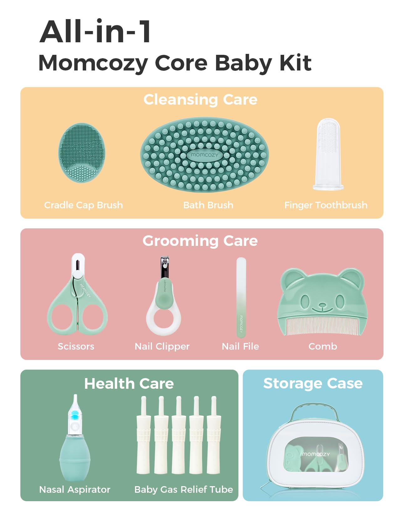 Momcozy Core Baby Kit, Baby Shower & Registry Essential Kit for Grooming&Health&Cleansing Care, Includes Nail File Kits, Nasal Aspirator, Gas Relief Tubes, Bath Brushes, Toothbrush, Comb, Storage Case