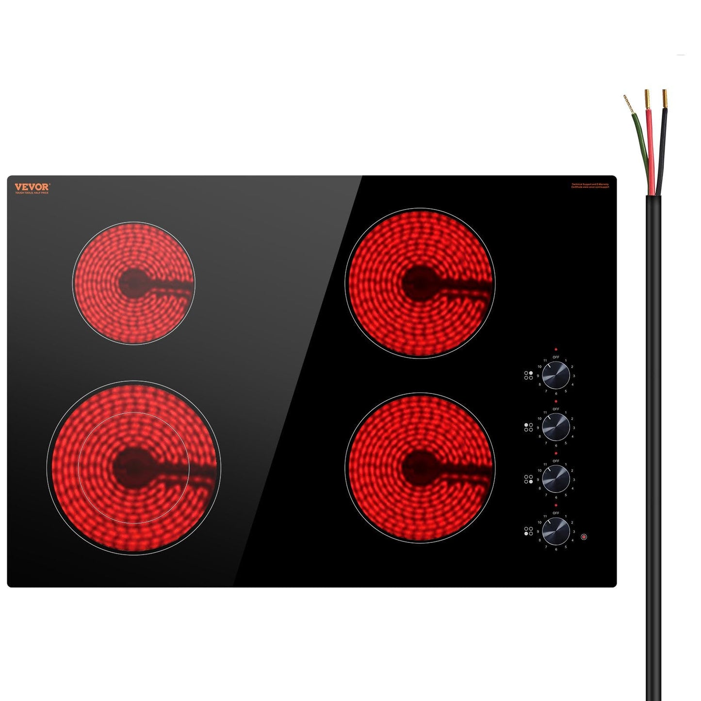 VEVOR Electric Ceramic Cooktop, Built-in Electric Stove Top, with Glass Panel, Knob Control, 11 Heat Levels, for Diverse Cooking Requirements (30inch-4burners/220V)