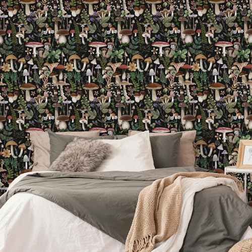 Simon&Siff Mushroom Peel and Stick Wallpaper Black Boho Contact Paper Removable Self Adhesive Wall Paper for Bedroom Bathroom Cabinet Countertop 17.3" x 80"