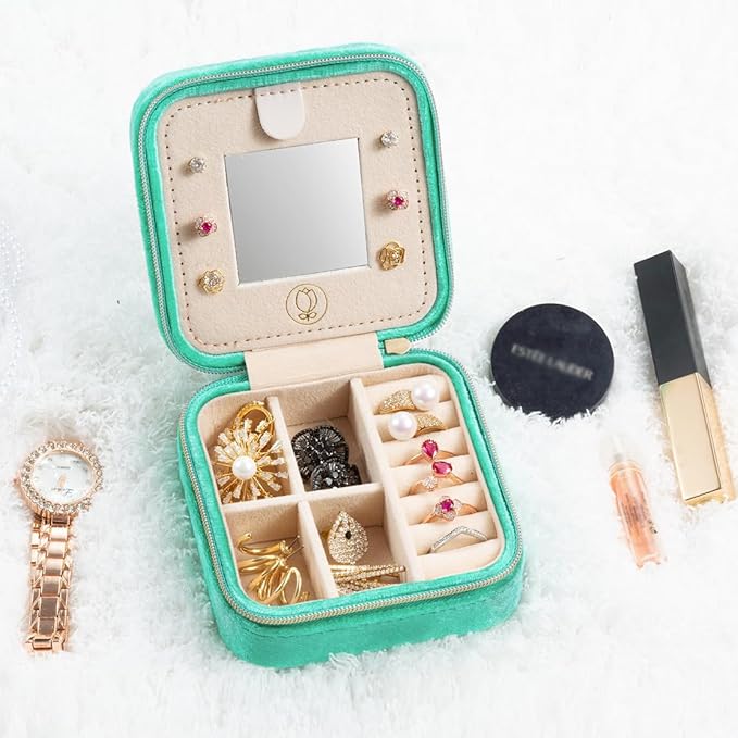 Plush Velvet Jewelry Travel Case,Small Jewelry Box,Traveling Jewelry Organizer, Portable Jewellery Storage Holder for Rings Earrings Necklace Bracelet, for Girls Women | CyanBlue-With Mirror