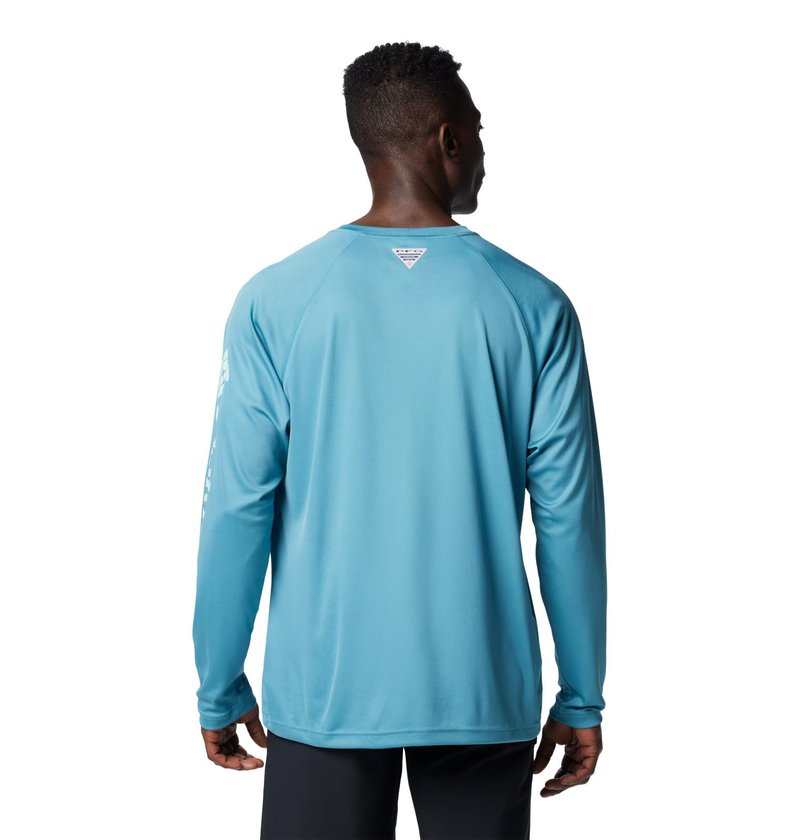 Columbia Men's Terminal Tackle Long Sleeve Fishing Shirt, Canyon Blue/ICY Morn Logo, 6X