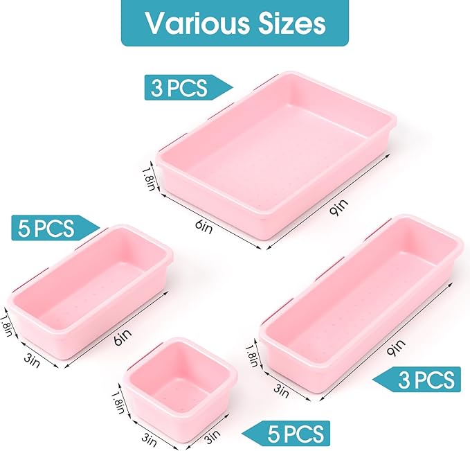 16 PCS Drawer Organizer Set, 4 Size Makeup Drawer Divider Organizer With Non-Slip Pads, Interlocking Plastic Storage Bins for Office,Jewelry Vanity,Gadgets, Bathroom,Kitchen, Pink