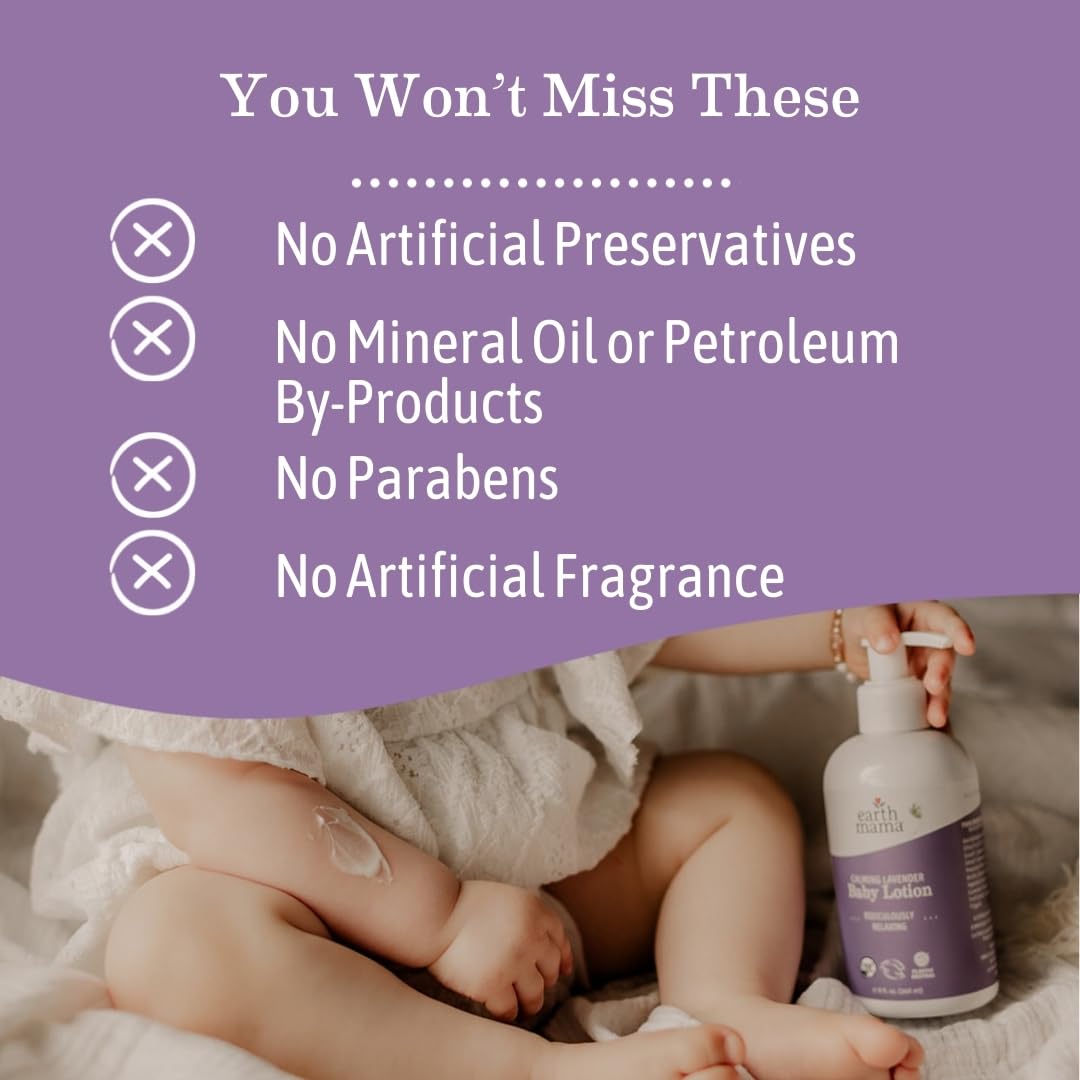 Earth Mama Calming Lavender Baby Lotion for Dry Skin, Calendula Cream for Newborn Skin Care, Children's Moisturizer, Aloe Juice, Rooibos, & Shea Butter, Lavender Lotion, 8 Fl Oz (2Pk)