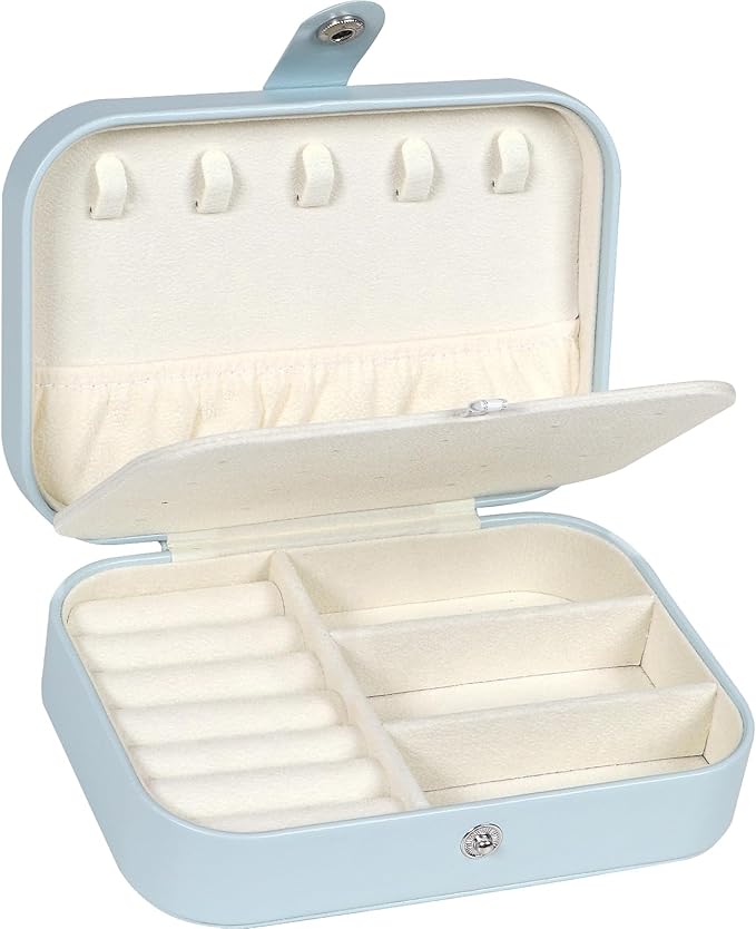 Hatori Travel Jewelry Box, PU Leather Small Jewelry Organizer for Women Girls, Double Layer Portable Mini Travel Case Display Storage Holder Boxes for Stud Earrings, Rings (Light Blue)