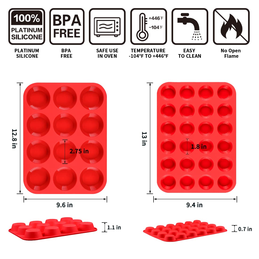 CAKETIME Silicone Muffin Pan, Mini Muffin Pan, Regular 12 Cups and Mini 24 Cups Cupcake Tin Set of 2 for Baking Egg Bites