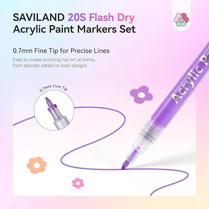 SAVILAND Nail Art Pens Set: 24 Colors 0.7MM Quick Dry 3D Nail Polish Pens Acrylic Paint Makers for Nail Art Design Drawing Detailing Point Liner Brush Dotting Tools Home DIY & Salon Manicure