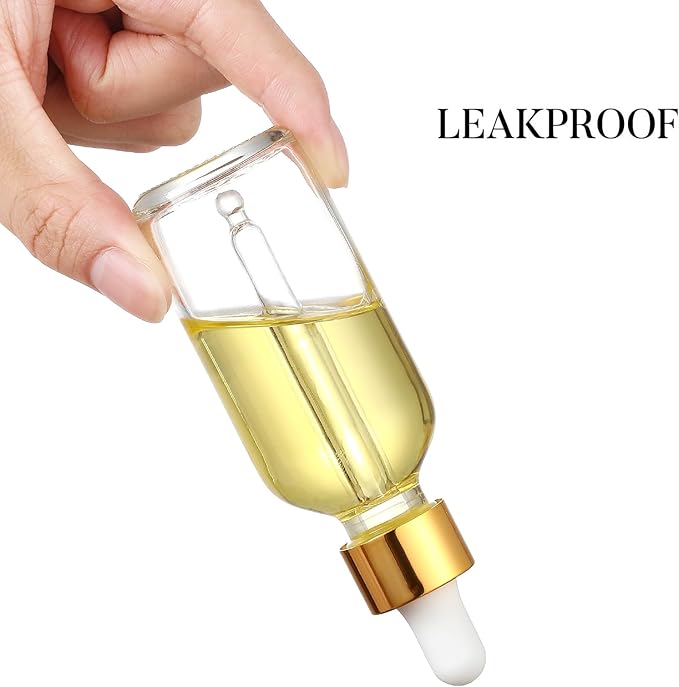 AOZITA Set of 4, 2 oz Golden Cap Clear Dropper Bottles (60ml) with 1 Funnel & 4 Labels - Glass Tincture Bottles for Essential Oils with Eye Droppers - Leak Proof Travel Bottles for Liquids