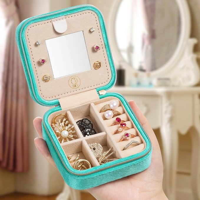 Plush Velvet Jewelry Travel Case,Small Jewelry Box,Traveling Jewelry Organizer, Portable Jewellery Storage Holder for Rings Earrings Necklace Bracelet, for Girls Women | CyanBlue-With Mirror