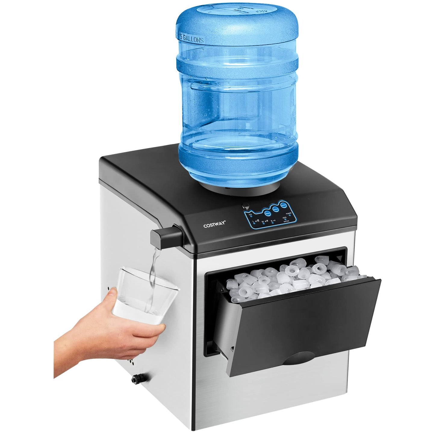 COSTWAY 2 in 1 Countertop Ice Maker Built-in Water Dispenser, 48LBS per Day, S/M/L Size Ice Cube, 5LBS Ice Storage Basket, Fast 6 Mins, Stainless Steel Ice Machine with Extendable Chilled Water Spout