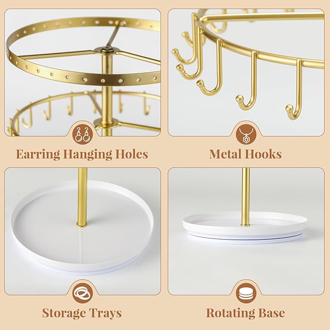 LANDNEOO Necklace Holder Jewelry Organizer, 360ÃÂ° Rotating 3-Tier Jewelry Stand Display, 14.3" Holds 80 Pcs, Earring Holder, Bracelet Ring Holder, Jewelry Organizer and Storage For Women Vanity Dresser