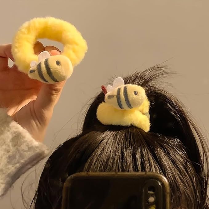 Yellow Plush Bear Ears Headband and Hair Ties, 2-Piece Spa Headband & Wristband Set, Soft Towels Washbands Elastic Plush Bear Spa Hairband, Ponytail Holders