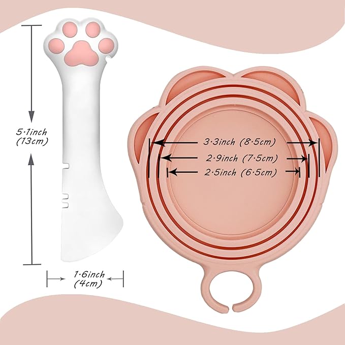 3 Pcs Cat Food Can Lids & One Opener | Cute Paw Shape Can Covers and Opener Spatula Cat Spoons for Wet Food | Universal BPA Free Silicone Spoon & Covers for Dog Cat Cans(Pink)