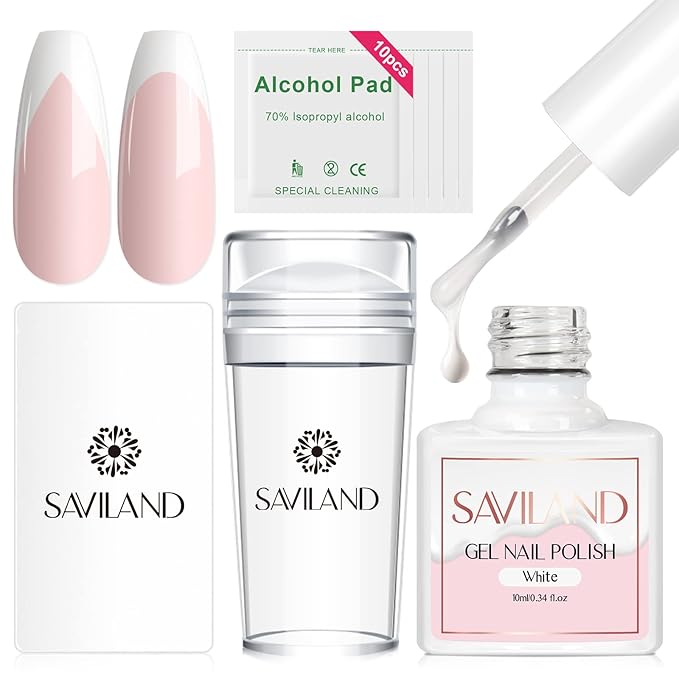 Saviland French Manicure Kit: French Tip Nail Stamp with White Gel Nail Polish Set, Jelly Silicone Nail Stamper Nail Stamper Kit for French Nails Home DIY Nail Salon
