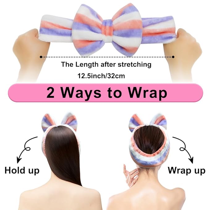 Shintop Women Fashion Lovely Soft Carol Fleece Bowknot Bow Makeup Cosmetic Shower Elastic Hair Band Hairlace Headband (Purple Stripe)