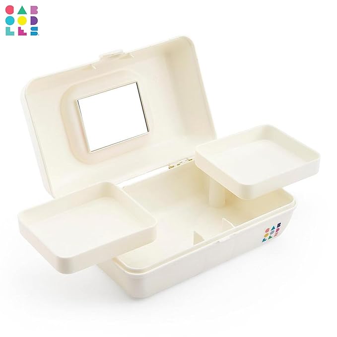 Caboodles Pretty in Petite Makeup Box, Two-Tone White on White, Hard Plastic Organizer Box, 2 Swivel Trays, Fashion Mirror, Secure Latch for Safe Travel