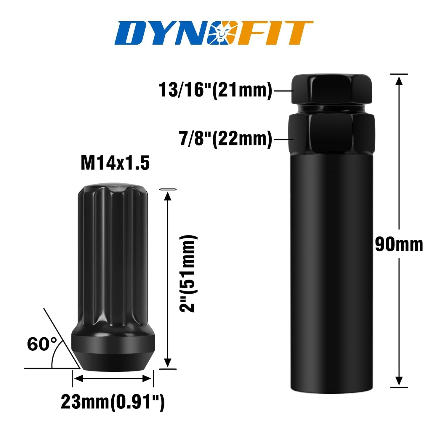Dynofit 14x1.5 Spline Lug Nuts Compatible with Chevy Silverado 1500 GMC Sierra Ford,Aftermarket Wheel Lug Nuts Set for F150 2015-2024, 24PCS Black Truck Nuts Sets Include 1 Socket Key for Fuel Wheel