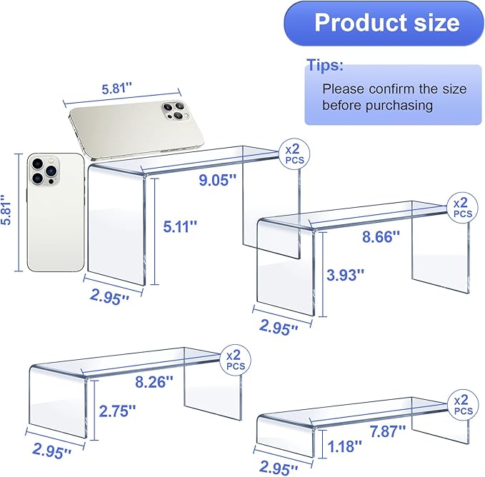 Acrylic Risers 8 Pcs Ã¢ÂÂ Clear Rectangular Display for Perfume Organizer, Figures, Jewelry, Dessert Table & Cupcake, 4 Sizes (7", 8", 9")