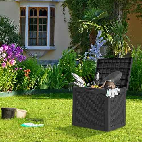 YITAHOME 32 Gallon Rattan Deck Box,Indoor Outdoor Storage Box for Patio Furniture,Pool Accessories, Cushions,Garden Tools, Sports Equipment, Waterproof Resin with Lockable Lid and Side Handles (Black)