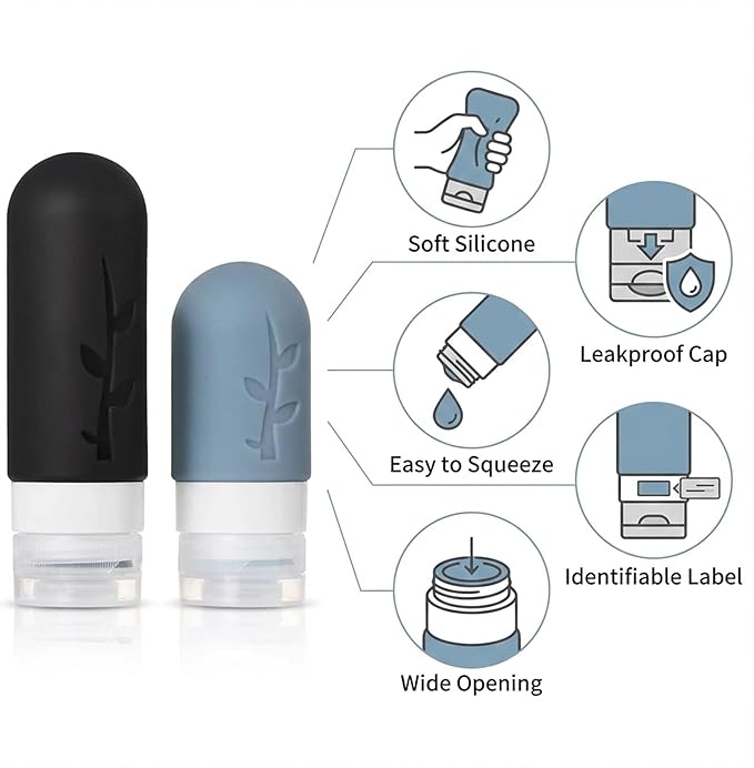 Travel Bottles Kit (16 Pack) - TSA Approved, Leak Proof Silicone Squeezable Containers for Toiletries. Complete Set with Jars, Sprayers & Bag (Black)