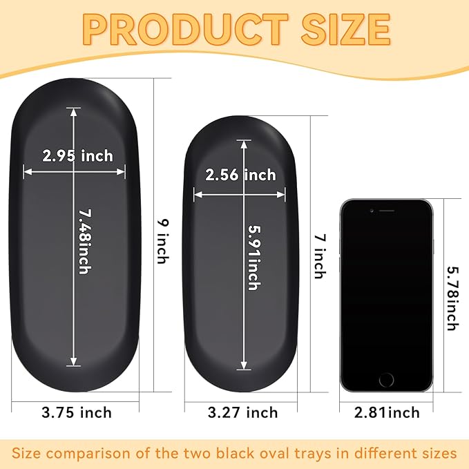 2PACK Black Decorative Tray,Oval Stainless Steel Trays, Decorative Tray for Jewelry Dish Cosmetics Organizer Bathroom Clutter Serving Platter (Black, 9 in)