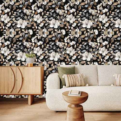 Vintage Dark Black Floral Peel and Stick Wallpaper Modern Botanical Flower Waterproof Removable Self Adhesive Vinyl Contact Wall Paper for Farmhouse Bathroom 17.7" X 70.8" Roll