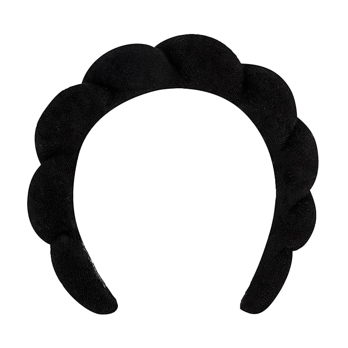 Women's Spa Headband for Face Washing, Makeup Removal, and Shower - Terry Cloth Puffy Sponge Headband with Hair Accessories (Black)