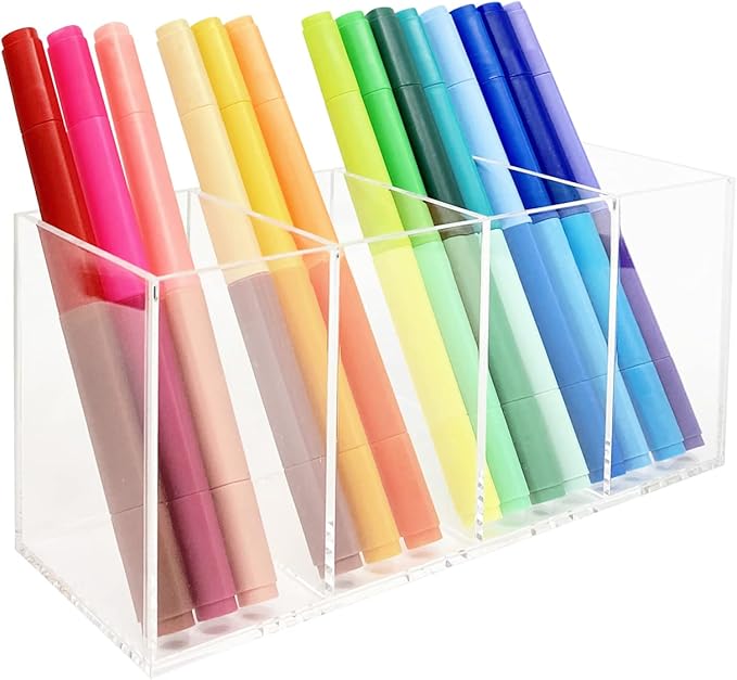HSYMQ Acrylic Pen Holder 4 Compartments Clear Pencil Holder Organizer Makeup Brush Holder
