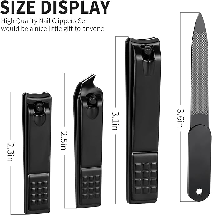 Nail Clippers Set, Sharp Stainless Steel Fingernail and Toenail Clippers, Nail Clippers for Thick Nails or Ingrown Nails, Perfect 4 pcs Black Nail Cutter for Men/Women/Kids, Set Include Nail File.