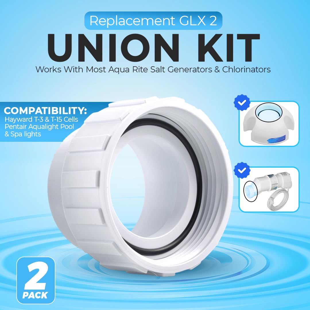 Salt Cell 2" Union Replacement Kit for Only Hayward & Goldline Chlorine Generators - Durable PVC GLX-Cell-Union Connector for Pool Pump Spa Connections - Includes Unions, Nuts and O-Rings - 2 Pack