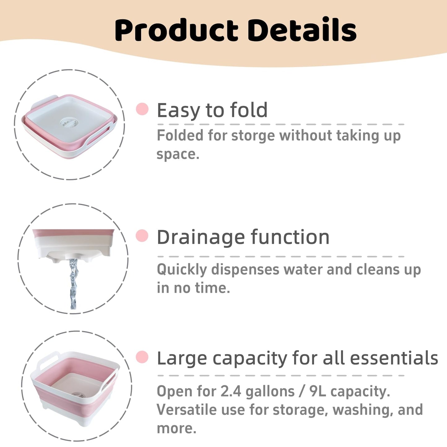 GIMWA Collapsible Wash Basin for Baby Bottles - 2.4 Gallons Portable Wash Bin for RV Camping Sink, Space-Saving Dish Tub (Pink)